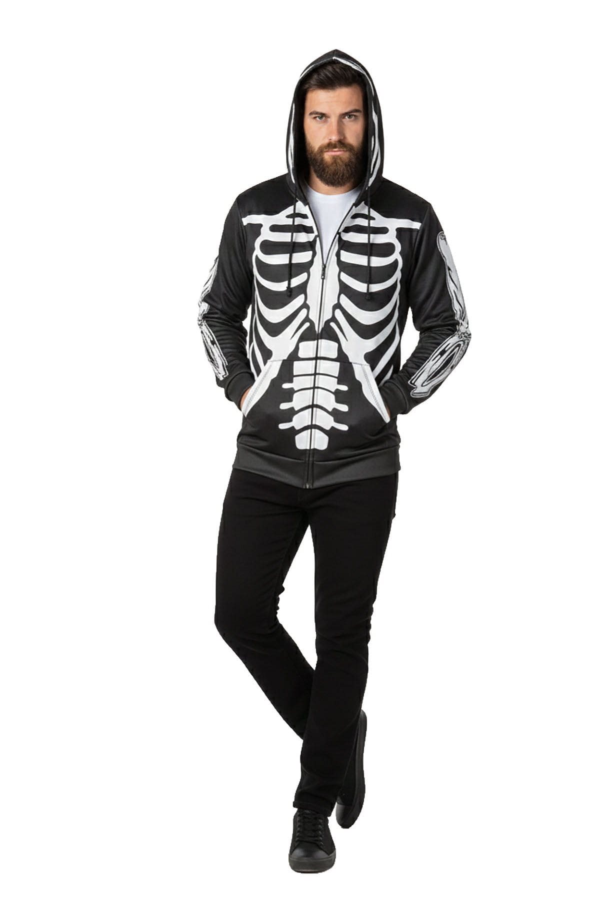 Hoodie met rits skelet volw.